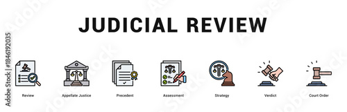 Judicial Review Modern and clean web banner illustration featuring thematic icons for visual communication