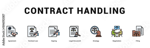Contract Handling Modern and clean web banner illustration featuring thematic icons for visual communication