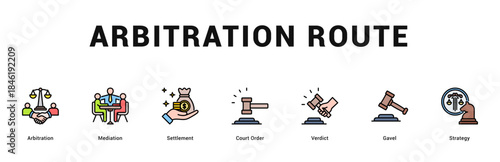 Arbitration Route Modern and clean web banner illustration featuring thematic icons for visual communication