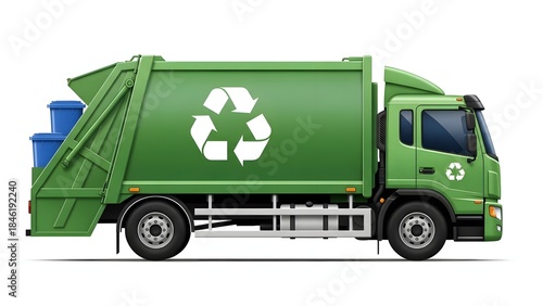 Green garbage truck with a large recycling symbol on its side, viewed in profile against a clean white background, for waste management