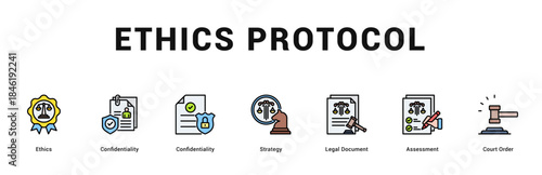 Ethics Protocol Modern and clean web banner illustration featuring thematic icons for visual communication