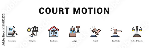 Court Motion Modern and clean web banner illustration featuring thematic icons for visual communication