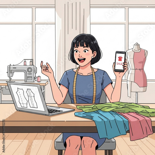 Modern Atelier: A vibrant fashion designer showcases her online store. The scene captures the blend of digital platforms and fashion design in a modern atelier.