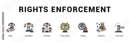 Rights Enforcement Modern and clean web banner illustration featuring thematic icons for visual communication