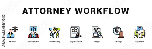 Attorney Workflow Modern and clean web banner illustration featuring thematic icons for visual communication