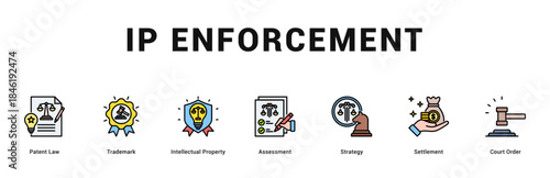 IP Enforcement Modern and clean web banner illustration featuring thematic icons for visual communication