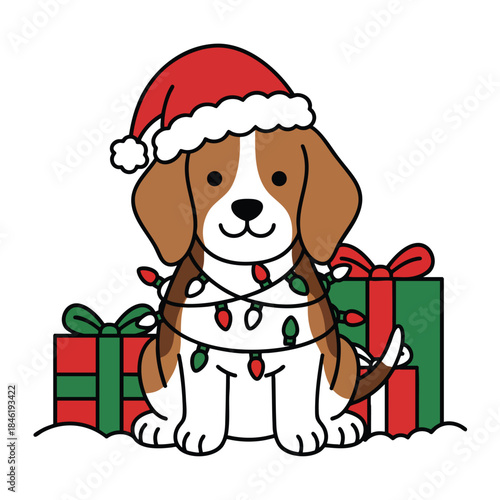 A charming illustration of a beagle puppy wearing a santa hat and tangled in festive christmas lights and gifts