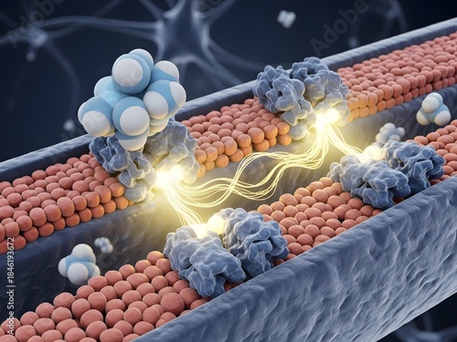 Detailed 3D render of serotonin neurotransmitter binding to serotonin receptors (5-HT1A, 5-HT2A) on the neuron surface. The interaction activates a cascade of cellular responses within the neuron. Glo