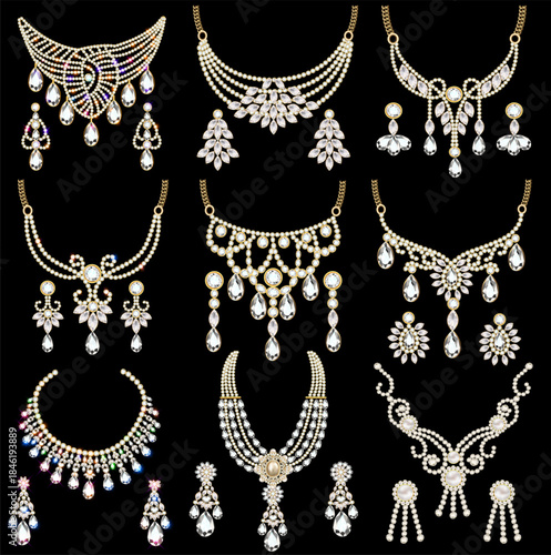 illustration set of necklace and earrings, wedding female diamond
