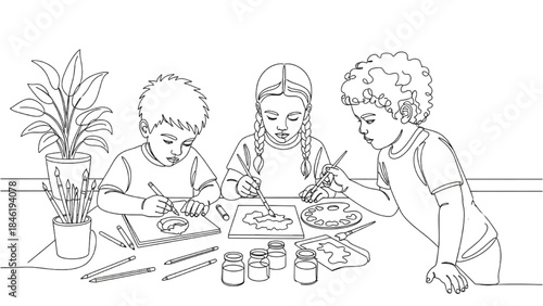 High-quality black continuous line art of children drawing and painting together, kids creative activities, minimalistic illustration