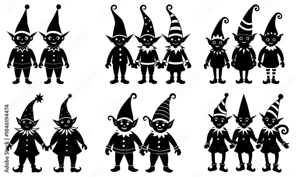 Fototapeta premium Group of smiling elves with pointed hats on white background holiday