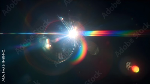 A bright white light source creates colorful lens flares against a dark background.