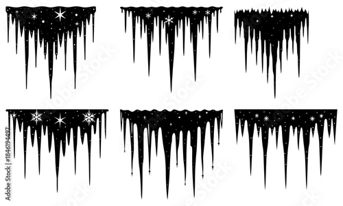 Icicles with Stars and Snowflakes on a White Background winter night sky