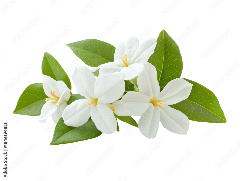 Obraz premium White jasmine flowers with green leaves isolated