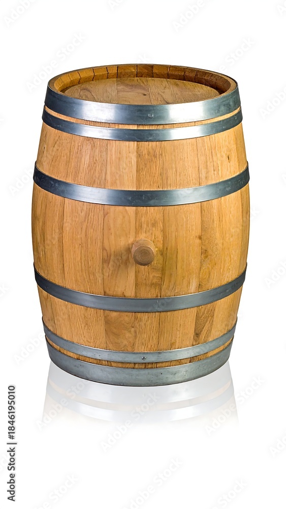 Obraz premium A classic, wooden container, banded with metal hoops. The vessel sits on a white surface with a slight reflection, highlighting its cylindrical form