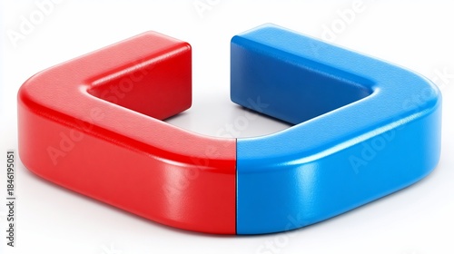 Glossy, abstract 3D shape, a half-red and half-blue object against a white background