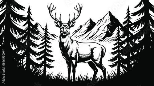 Stag deer in forest with mountains and pine trees, wildlife animal vector art in nature landscape silhouette