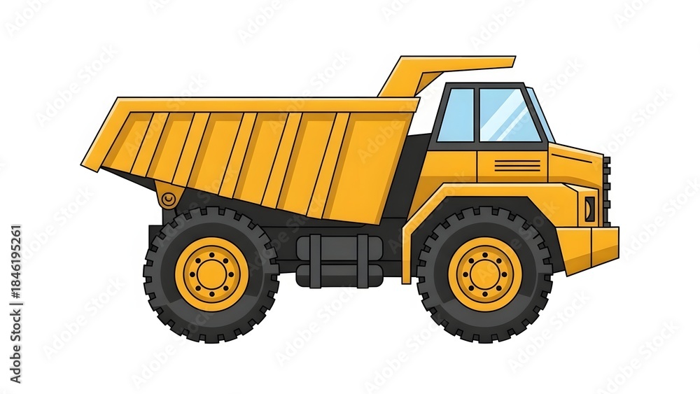 Obraz premium A yellow heavy-duty dump truck, cartoon style, with large wheels and a raised bed for transporting materials, isolated on white