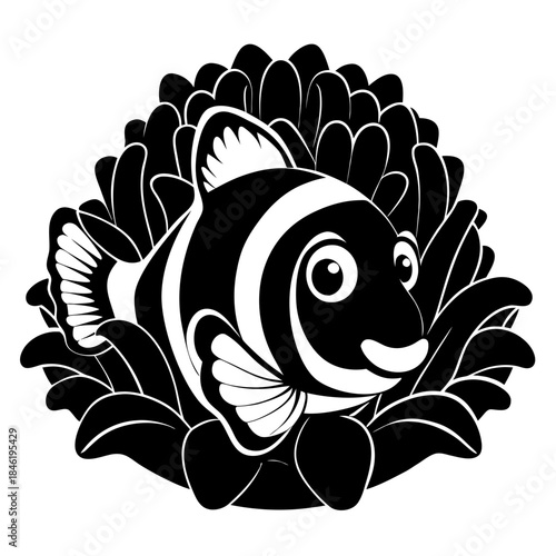 A charming black and white cartoon clownfish nestled safely within an anemone Vector