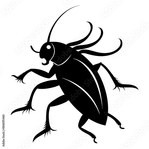 Black silhouette illustration of a common crawling cockroach pest with long antennae Vector