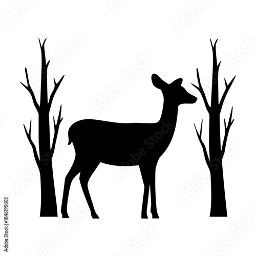 A graceful deer silhouette stands between bare trees, capturing the essence of forest wildlife Vector