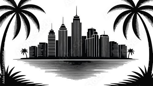 Urban skyline with palm trees silhouette, city buildings reflecting on water, tropical destination vector illustration