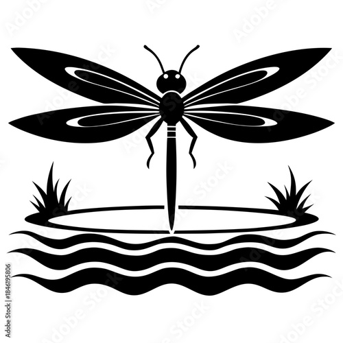 Stylized black dragonfly perched on a reed above water with ripples and grass Vector