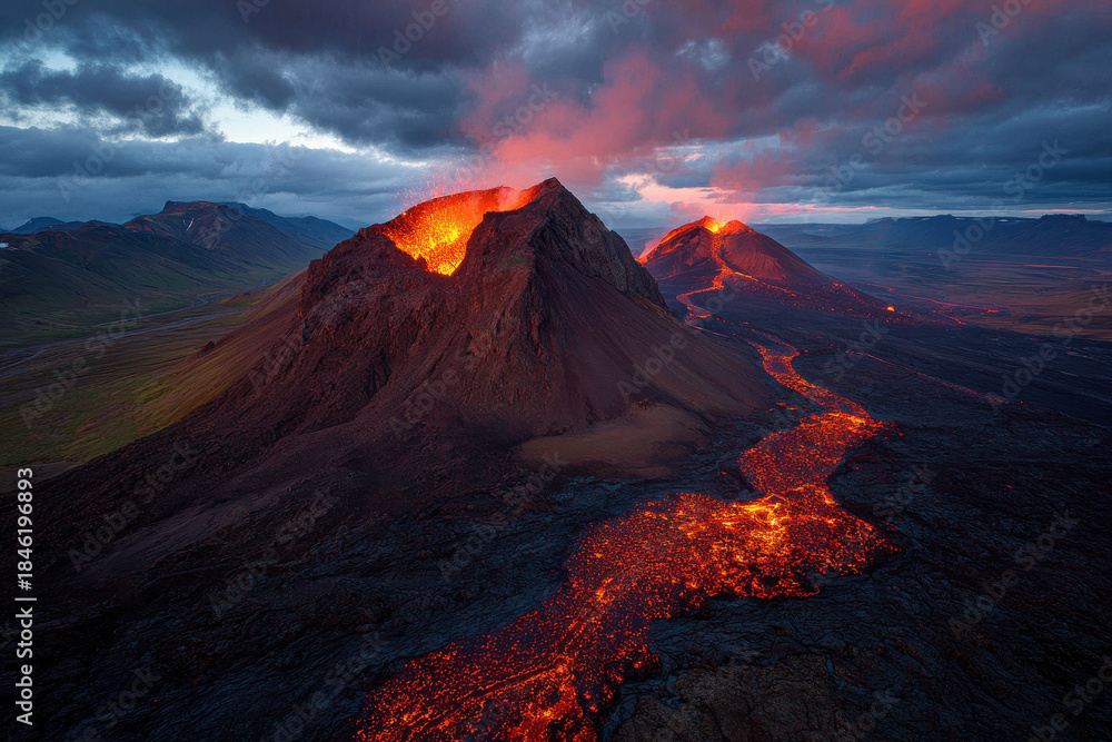 Fototapeta premium Erupting Volcano in Iceland with Flowing Lava under Dramatic Cloudy Sky