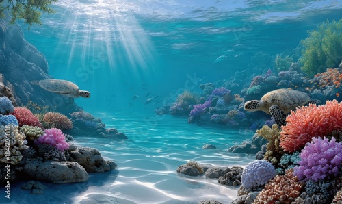 Fototapeta Naklejka Na Ścianę i Meble -  a vibrant coral reef teeming with colorful fish, sea turtles, and sharks swimming around