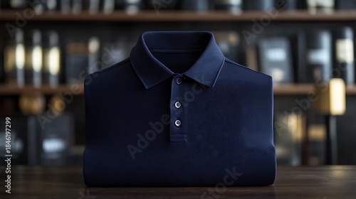 Navy polo shirt folded, cafe backdrop, retail display