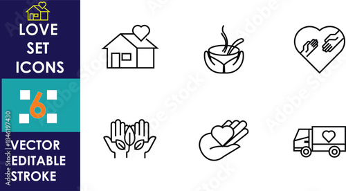 Minimal love and charity vector icon set showing home, heart, helping hands, donation, care, food, wheelchair accessibility, medical support, delivery service, symbols, outline, modern