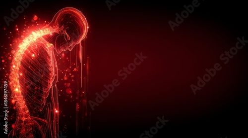 Red glowing human spine and skeleton illustrating pain and discomfort with sparkling particle effects on a dark abstract background.