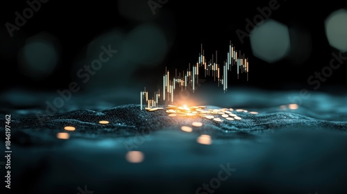 Economic risk graph Close up of a stock market graph with volatile fluctuations, dark background, represents the unpredictable nature of the market