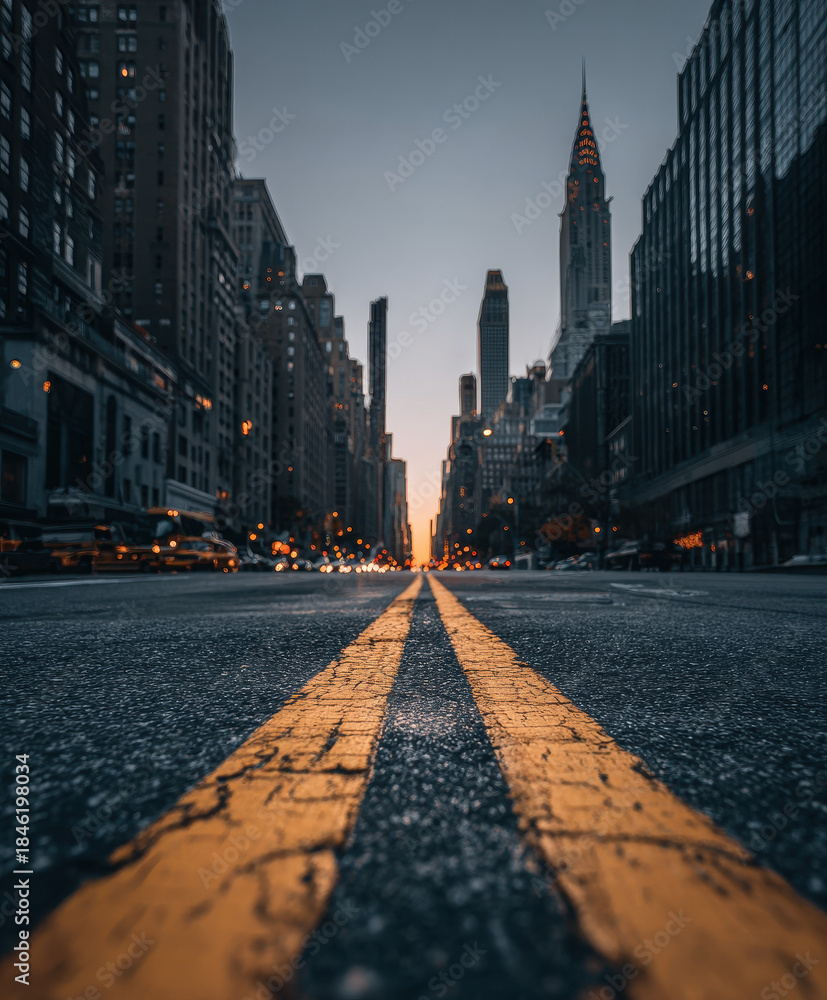 Obraz premium New York City Street Scene with Tall Buildings and Golden Hour Lighting