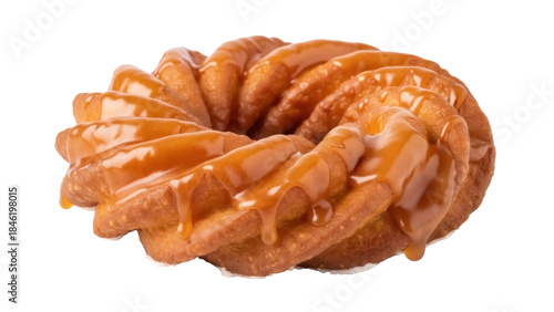 Delicious glazed cruller donut isolated PNG, sweet pastry with caramel topping on transparent background for dessert and bakery concepts