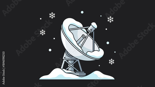 Satellite dish covered in snow winter weather concept for communication and broadcasting flat vector
