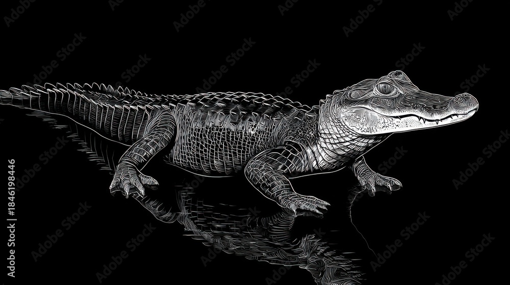 Naklejka premium Detailed Outline of a Crocodile Against a Black Background