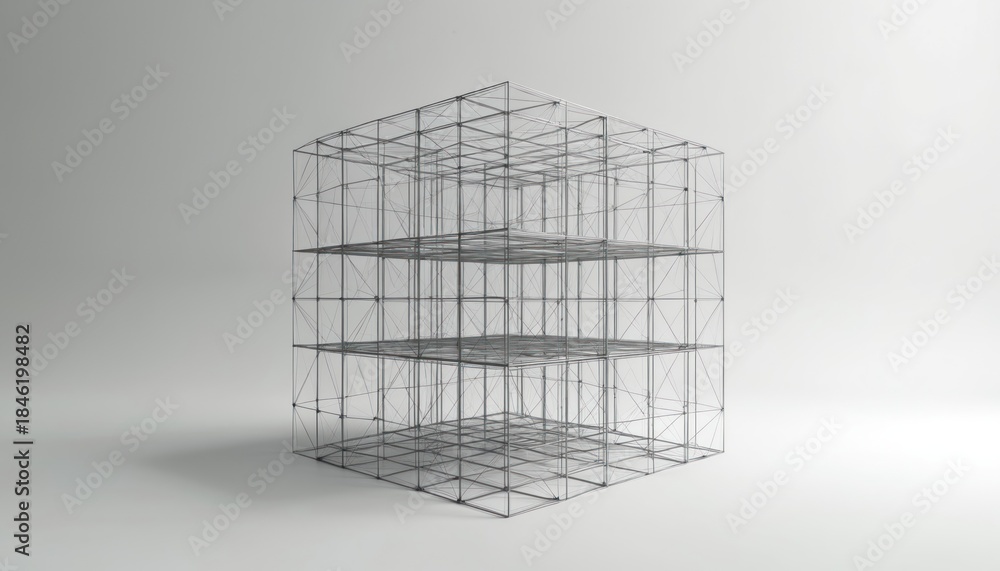 Fototapeta premium Wireframe cube structure with multiple levels. Simple geometric form shows modular design, skeletal framework on clean light background. Represents building blocks concept or abstract digital model.