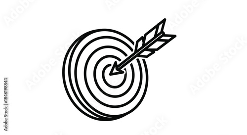 A black and white outline icon illustrating an arrow accurately hitting the bullseye of a concentric circular target, symbolizing precision and goal achievement.
