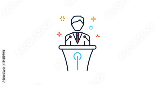 A professional speaker stands at a podium with microphones, delivering an engaging speech or presentation, surrounded by colorful celebratory sparkles.
