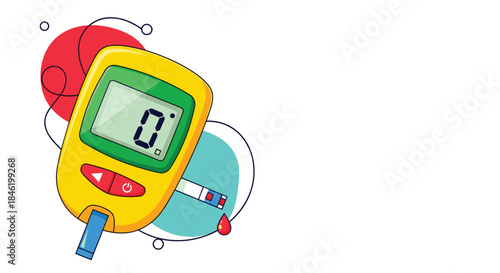 A cartoon illustration of a yellow blood glucose meter displaying zero, with a test strip and a drop of blood, set against abstract colorful shapes.