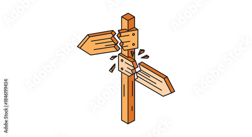A broken wooden signpost with shattered arrows, symbolizing confusion, lost direction, and the challenge of navigating an uncertain path.