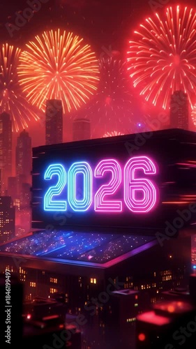 Futuristic City Skyline with Neon 2026 New Year Sign and Exploding Red Fireworks at Night Celebration Background Vertical Motion Video Phone Live Photo Wallpaper Loop Animation