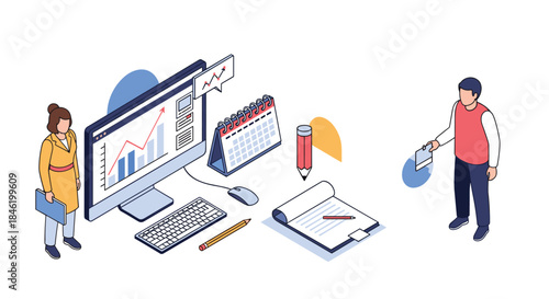 Business professionals collaborate on data analysis, planning, and reporting, utilizing a computer displaying charts, a calendar, and office tools.