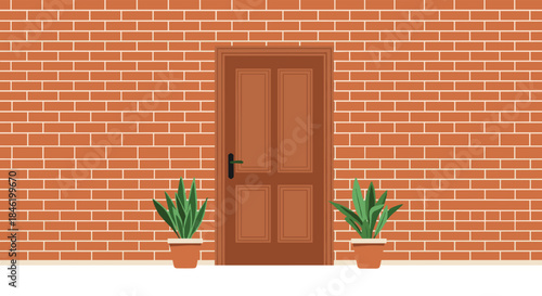 A welcoming front entrance with a brown wooden door set in a textured red brick wall, flanked by two potted green plants on a white floor.