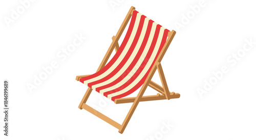 A brightly striped red and white wooden deck chair, inviting relaxation and symbolizing summer vacation and leisure.