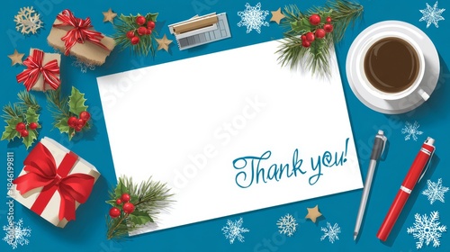 Festive thank you card surrounded by Christmas decorations, gift boxes, coffee, and pens on a blue background, presented in a flat lay with copy space.