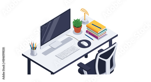 Isometric illustration of a modern home office desk setup with a computer, chair, books, and plant, representing remote work and productivity.