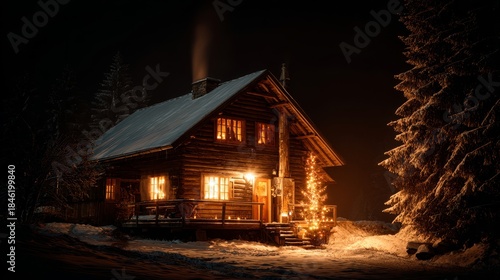 Cozy wooden log cabin glowing warmly with festive lights on a snowy winter night in a secluded forest.