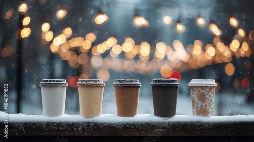 Five diverse disposable coffee cups covered in snow, lined up outdoors during winter with warm bokeh lights and falling snowflakes creating a cozy atmosphere.